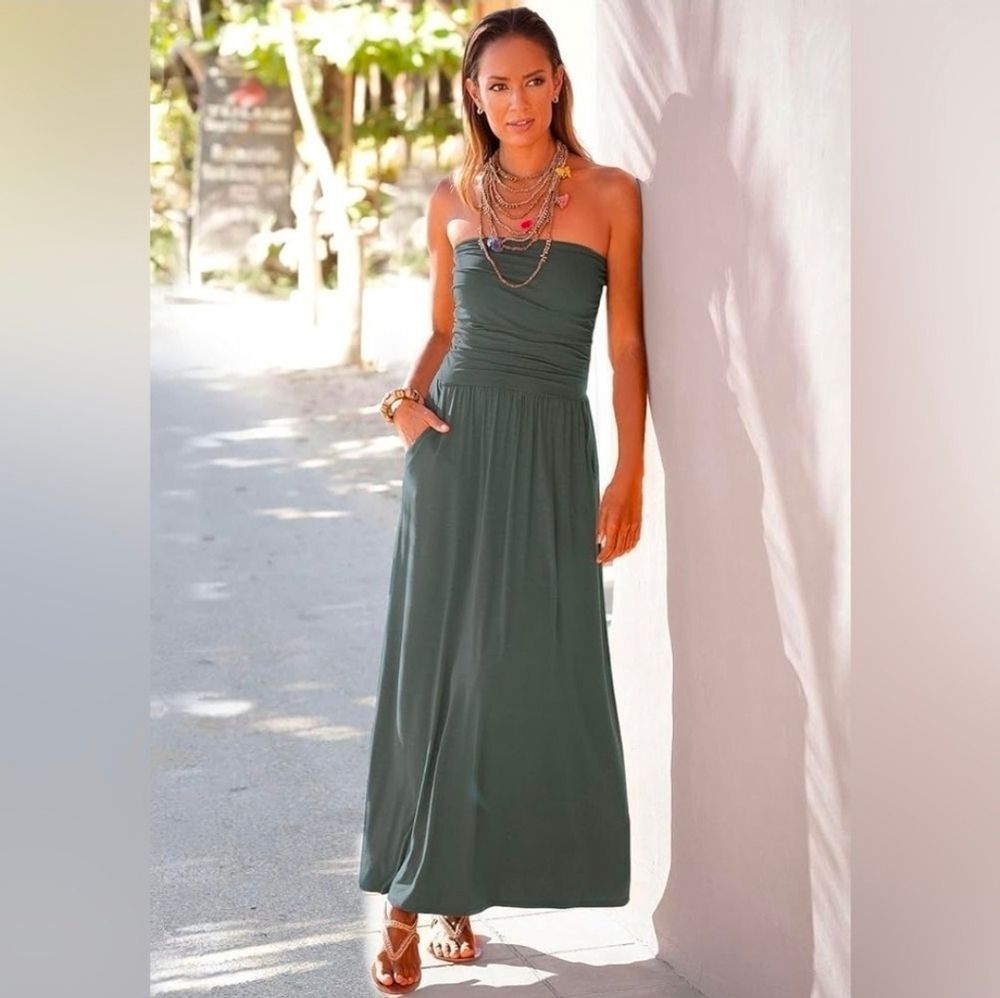 LASCANA Strapless Flowy Olive Dress With Pockets Size LARGE NWT